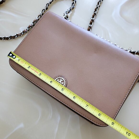 Tory Burch Robinson Tan Saffiano Leather Logo Shoulder Bag Chain Crossbody - Picture 12 of 15